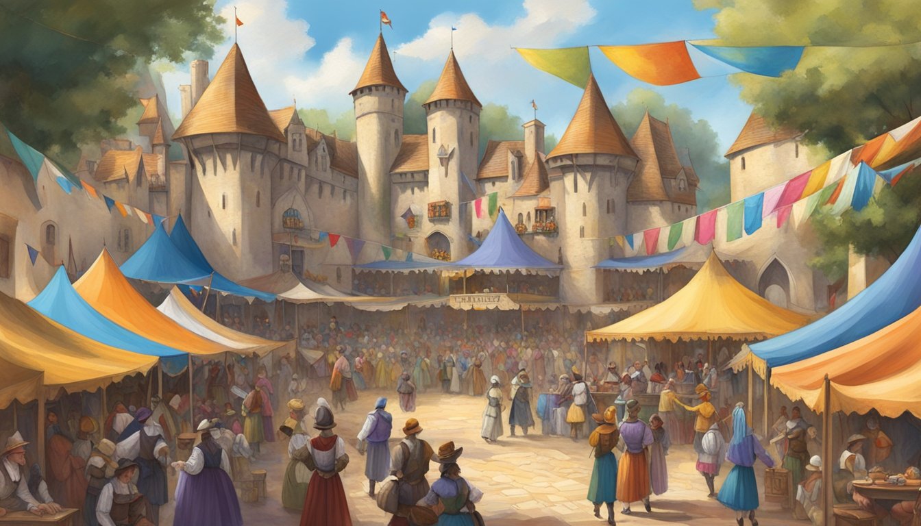 Colorful tents and banners line the bustling village square, as costumed performers entertain crowds in front of a grand castle backdrop at the Texas Renaissance Festival