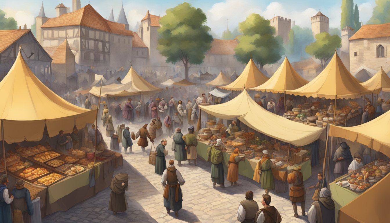 A bustling marketplace with colorful tents and banners, filled with people enjoying turkey legs, mead, and other medieval fare