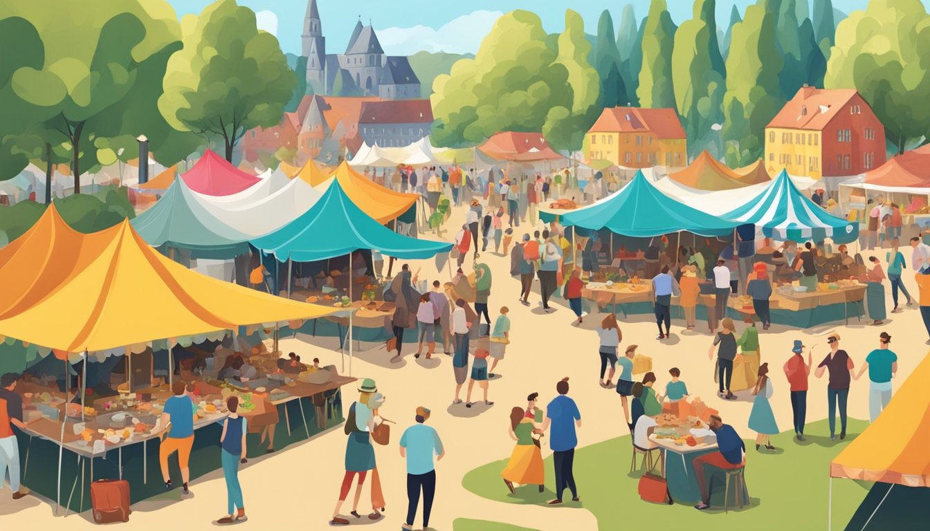 A bustling festival ground with colorful tents, lively music, and people enjoying traditional German food and drinks