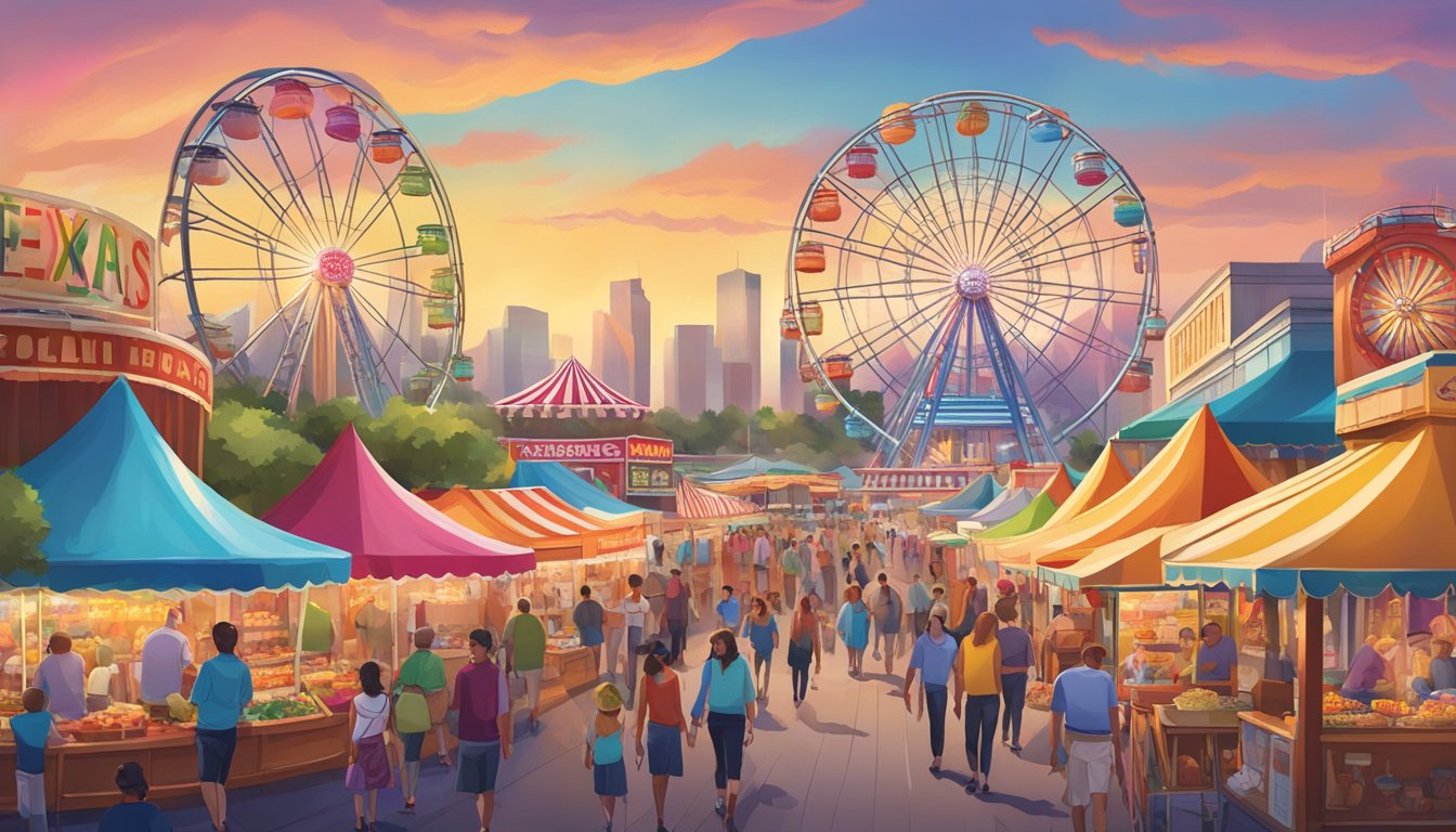 A giant Ferris wheel towers over a bustling midway, surrounded by colorful food stands and game booths, with the iconic Texas Star in the background