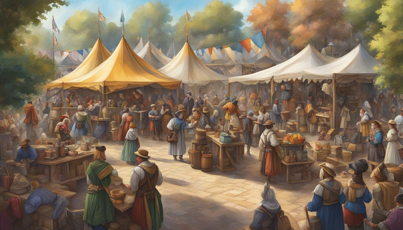 A bustling marketplace with colorful tents and lively music, as costumed attendees engage in games and performances at the Texas Renaissance Festival