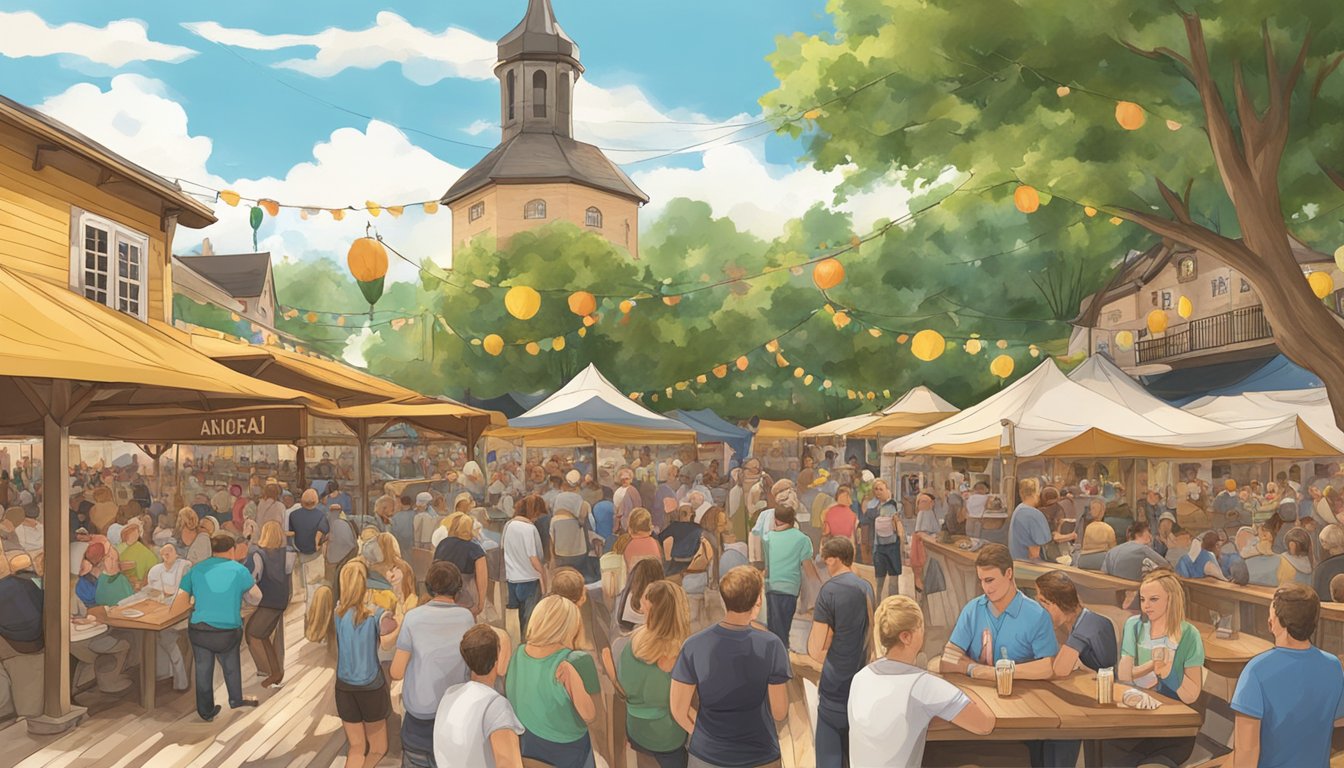 Crowded beer garden at Wurstfest in New Braunfels, Texas, with traditional German architecture and live music