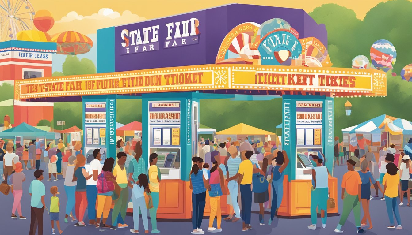 Crowds gather around colorful ticket booths at the State Fair of Texas, with prices displayed and people lining up to purchase entry tickets