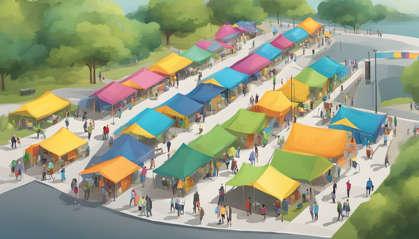 Colorful tents and booths line a wide, paved path with clear signage. People of all abilities navigate easily with wide, smooth walkways and accessible facilities