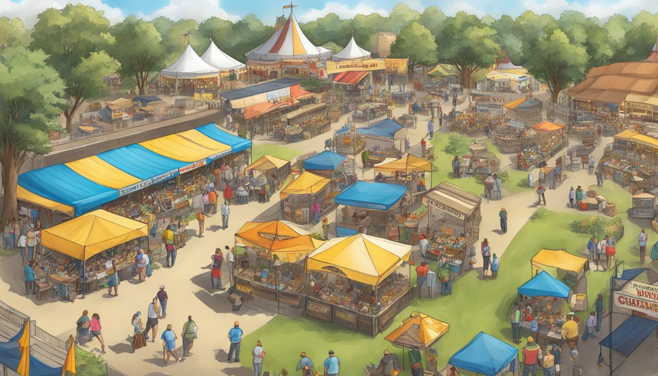 The Wurstfest grounds are bustling with activity as visitors enjoy the festivities during the event's scheduled dates and hours of operation in New Braunfels, Texas