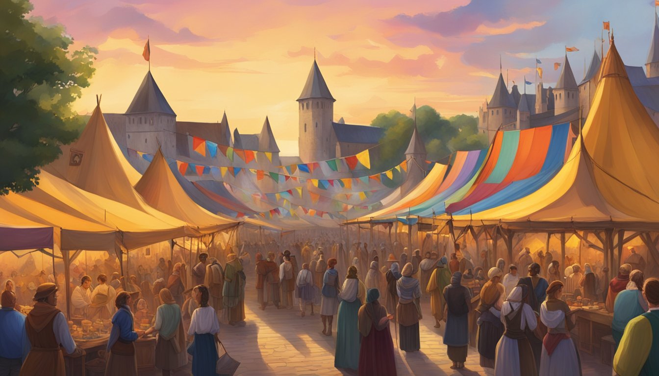 Crowds disperse from the Texas Renaissance Festival, colorful tents and flags dotting the landscape. The sun sets, casting a warm glow over the medieval-style buildings and bustling marketplace