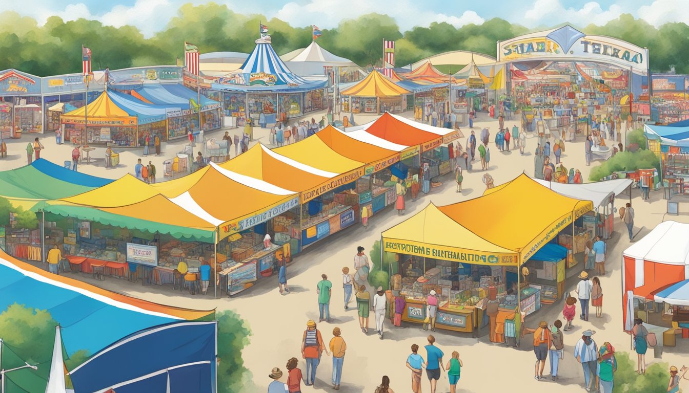 Colorful booths and banners line the fairgrounds, showcasing a variety of vendors and exhibits at the State Fair of Texas