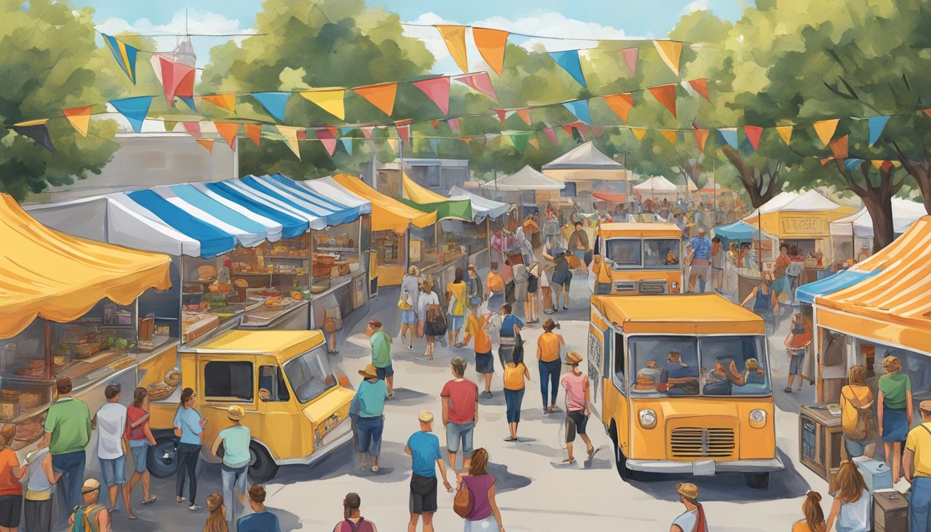 Crowds gather around colorful food trucks and vendors at Wurstfest in New Braunfels, Texas. Banners and flags flutter in the breeze, and cars line the streets for parking