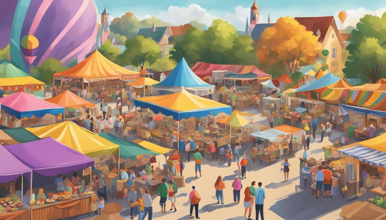 A festive scene at Wurstfest in New Braunfels, Texas, with colorful tents, food stalls, and people enjoying the accommodations and lodging