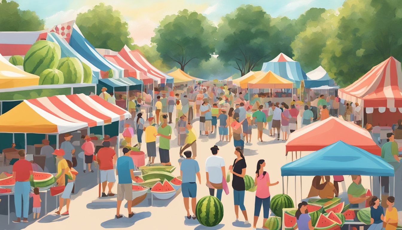 A bustling Texas Watermelon Festival with vendors, live music, and families enjoying watermelon-themed activities under the hot summer sun