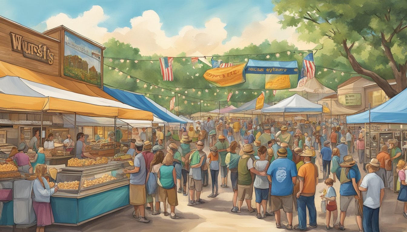 Crowds gather around food and drink vendors at Wurstfest in New Braunfels, Texas. The festival's economic impact is evident in the bustling activity and lively atmosphere