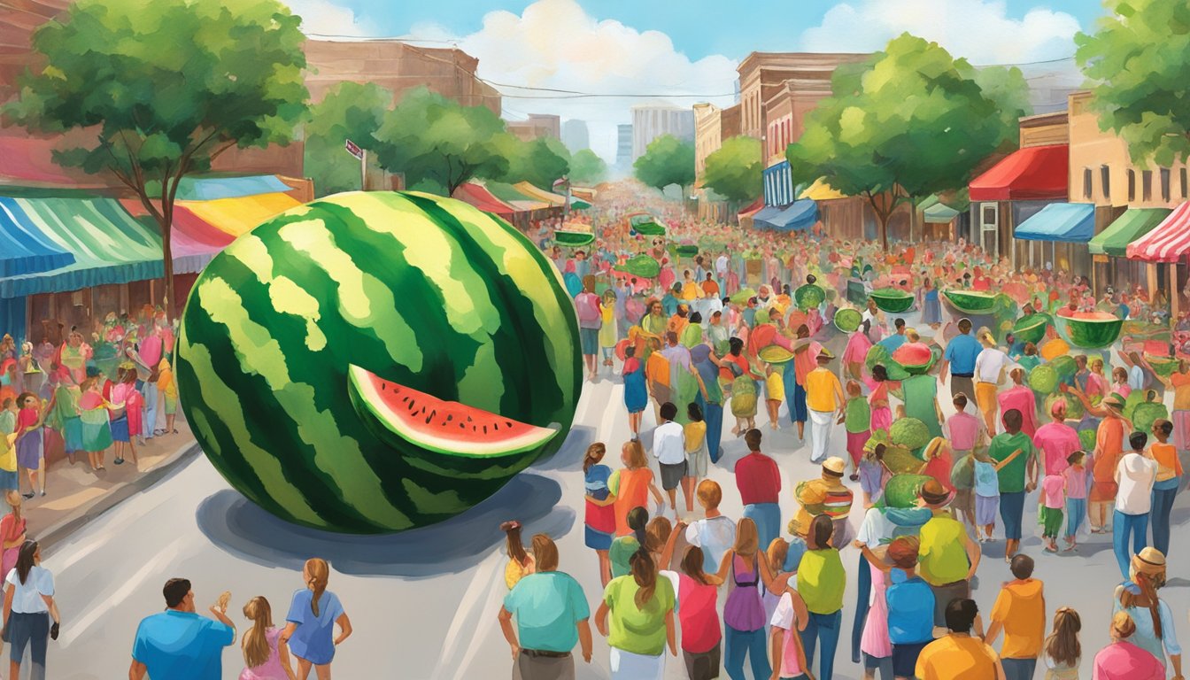 Vibrant watermelon-themed floats parade through the streets, accompanied by lively music and dancers in colorful costumes. The air is filled with the sweet aroma of ripe fruit, and families gather to celebrate the cultural significance of the Texas Watermelon Festival