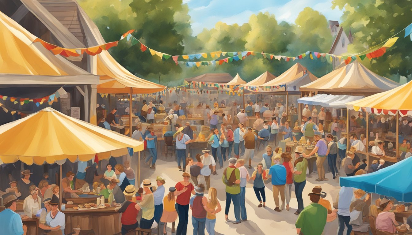 A lively scene at Wurstfest in New Braunfels, Texas, with traditional German music, colorful decorations, and people enjoying food and drinks