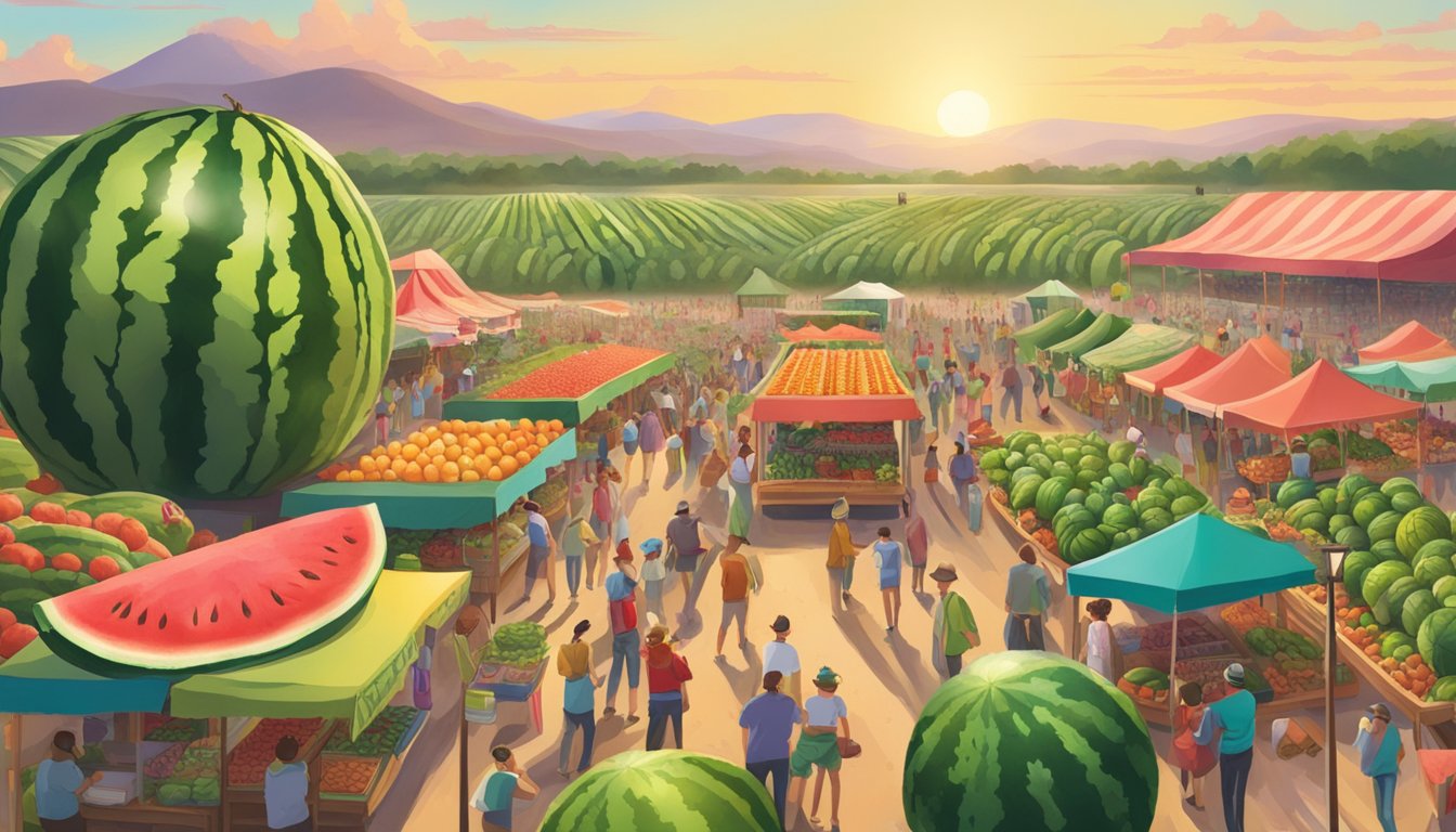 Vibrant watermelon fields surround bustling festival with local produce stands and lively music