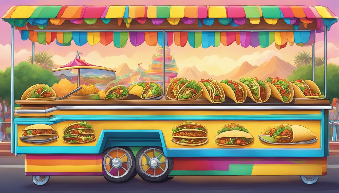 A colorful array of tacos displayed on a vibrant food cart at a bustling California amusement park