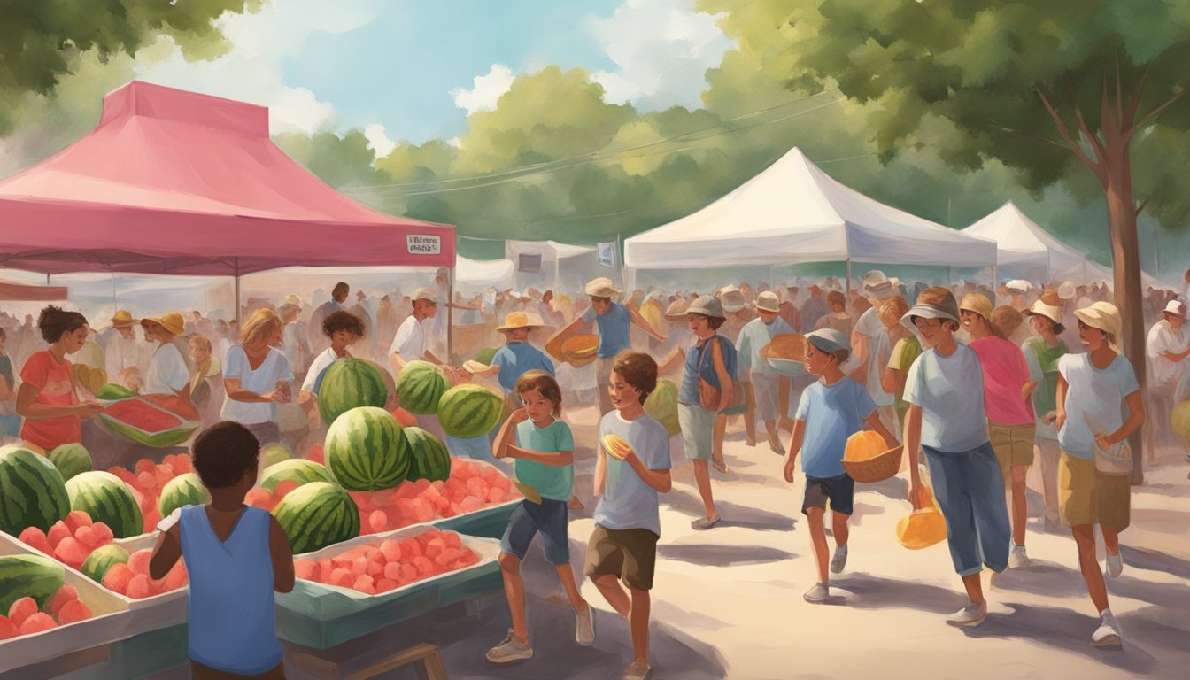 Crowds gather at the Texas Watermelon Festival, enjoying the warm summer day. Vendors sell ripe, juicy watermelons as children run around with sticky, smiling faces