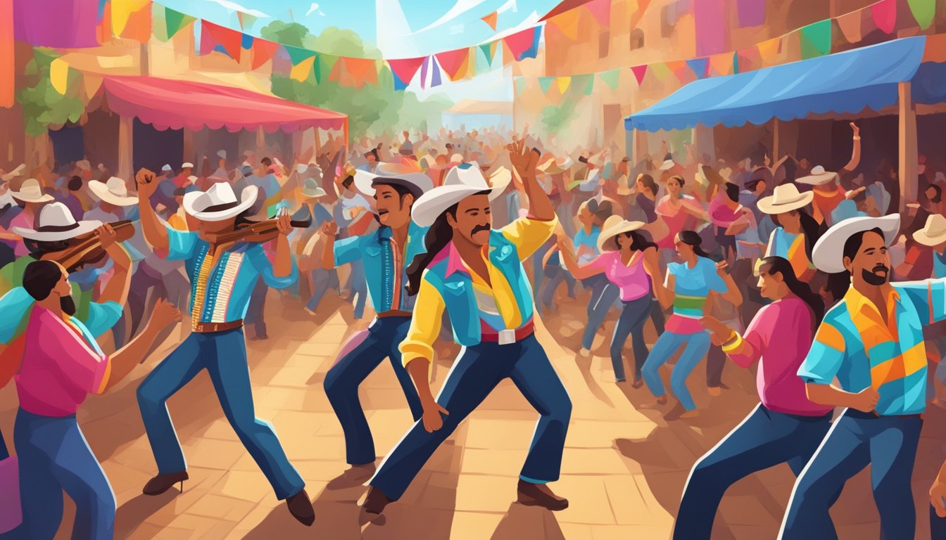 A lively tejano conjunto festival with colorful banners, stage, and dancing crowd