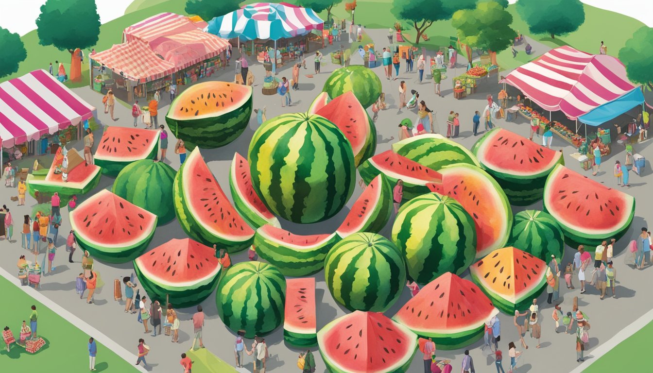 Crowds gather around colorful booths selling watermelon-themed treats. A giant watermelon sculpture towers over the festival grounds, while live music fills the air