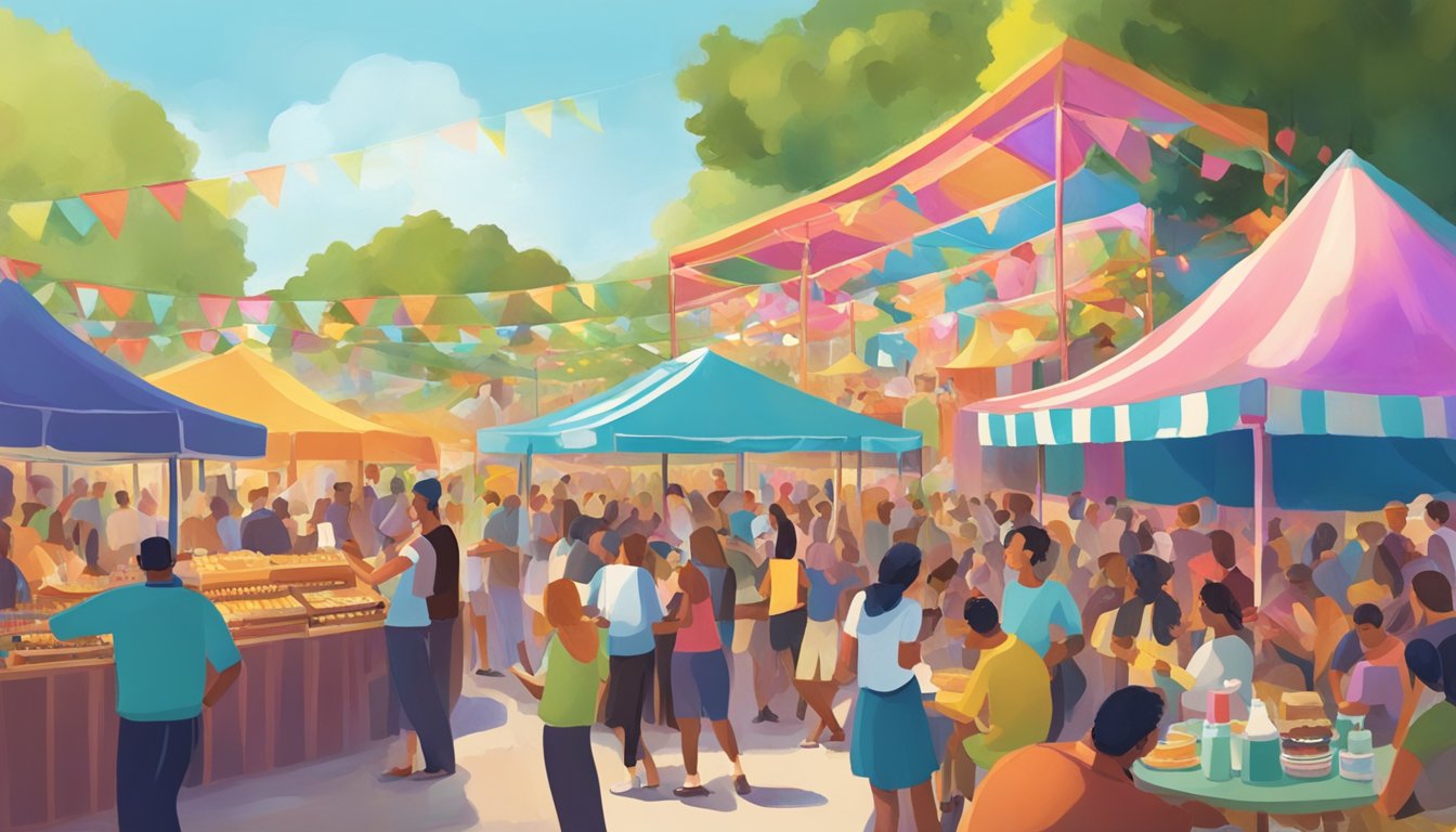 Crowds gather around colorful booths, while musicians play lively music on stage. The scent of delicious food fills the air as people plan their visit to the festival