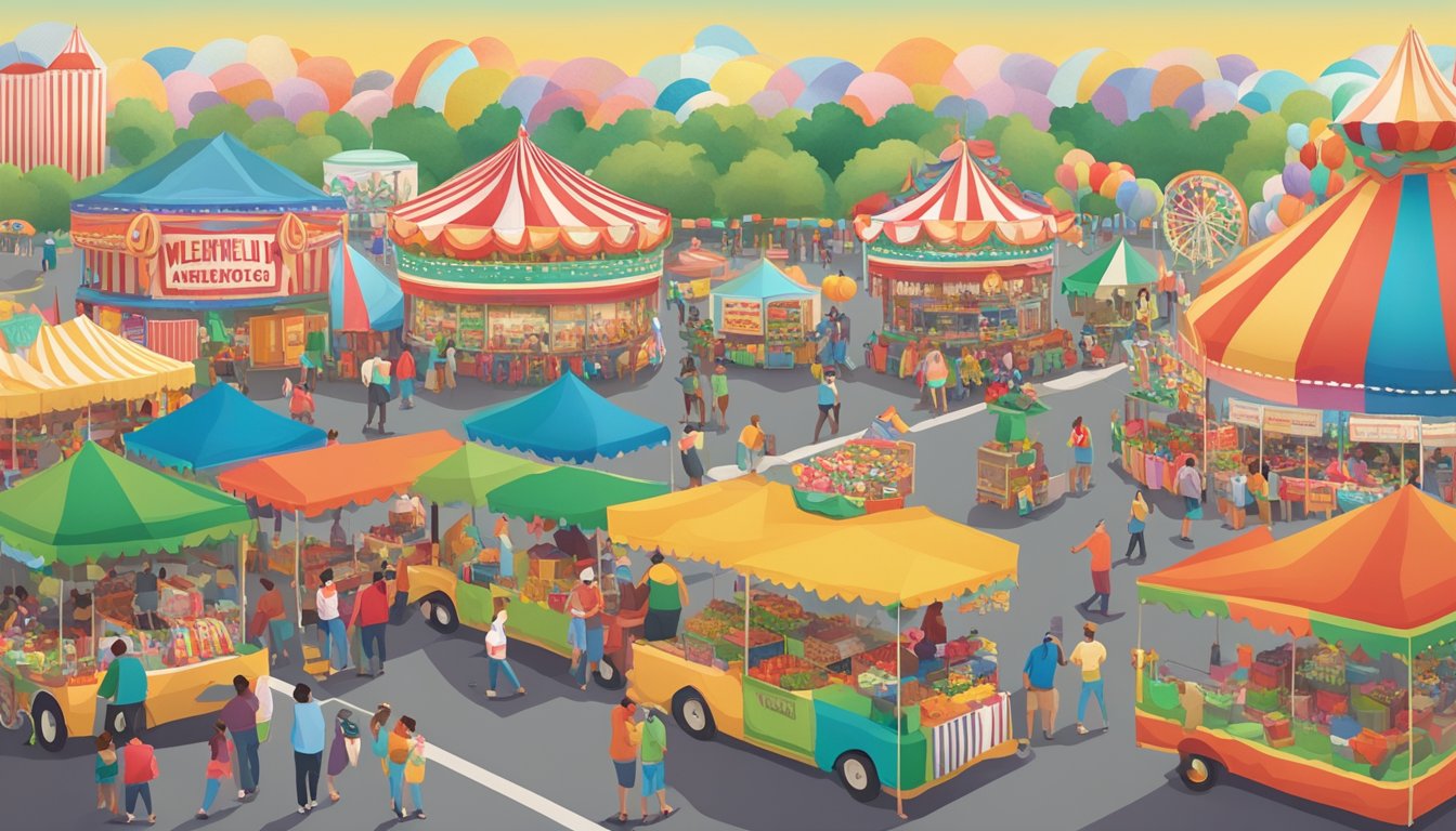 Crowded fairgrounds with colorful vendor booths, carnival rides, and a variety of vehicles parked nearby. A watermelon-themed parade float passes by, showcasing the festival's focus on transportation and accessibility