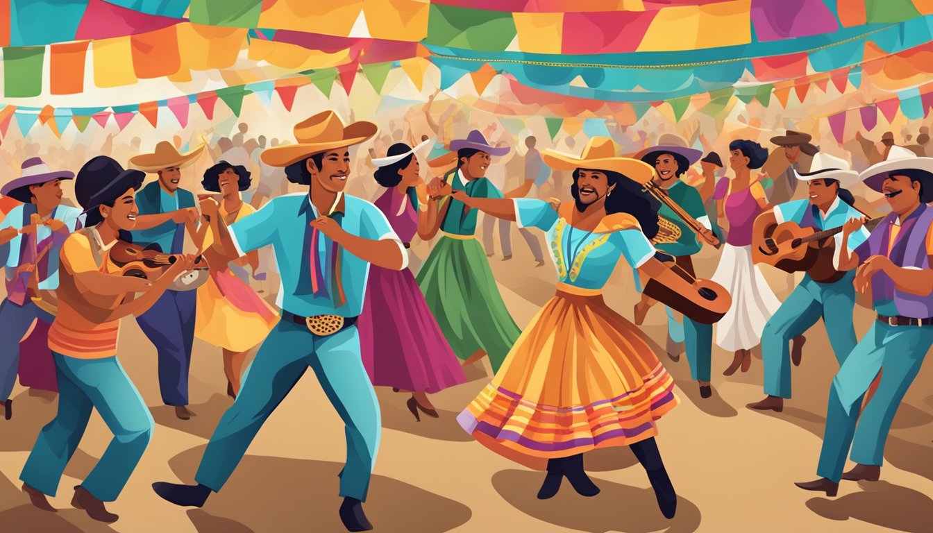 A lively tejano conjunto festival with colorful banners, musicians, and dancers celebrating cultural significance