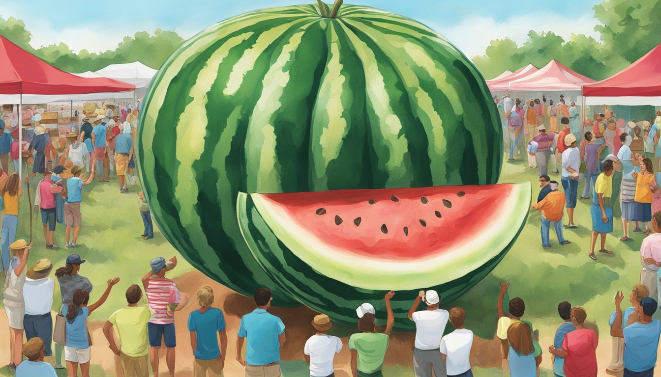 Crowds gather around giant watermelon sculptures at the Texas Watermelon Festival, while past winners proudly display their prize-winning fruits