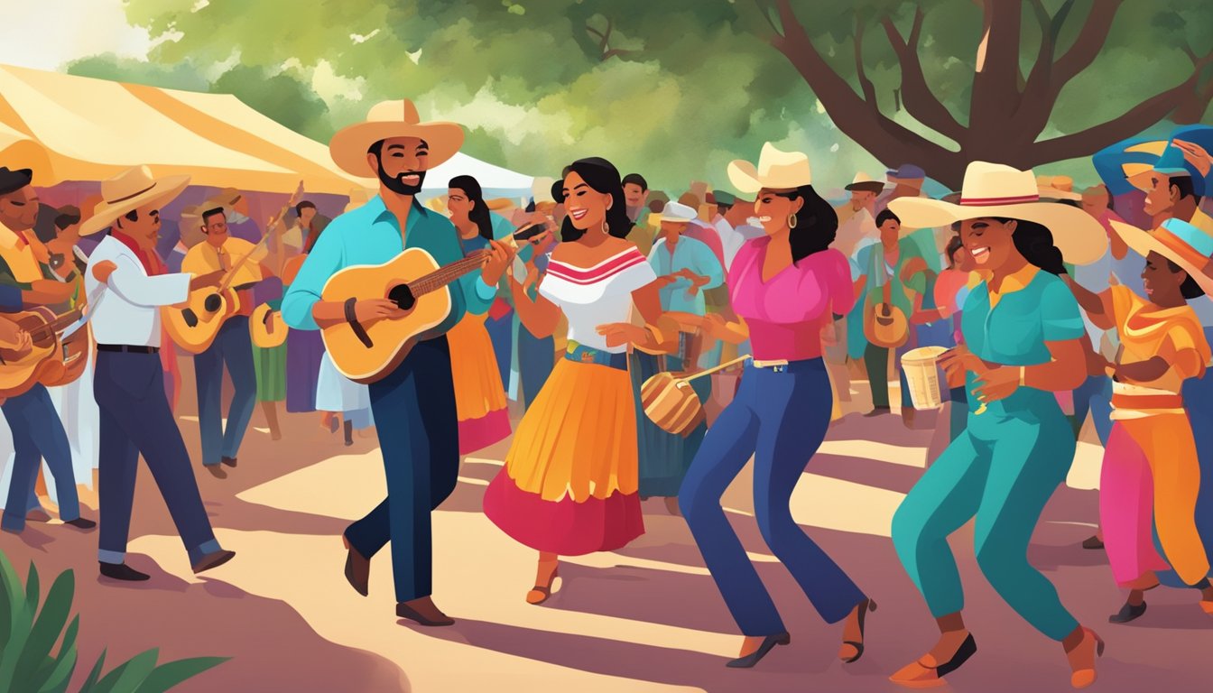 A lively tejano conjunto festival with families enjoying music, food, and dancing in a colorful outdoor setting