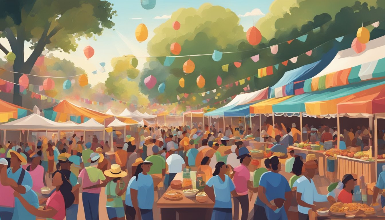 A bustling festival scene with colorful food and drink vendors, lively music, and people enjoying the tejano conjunto atmosphere