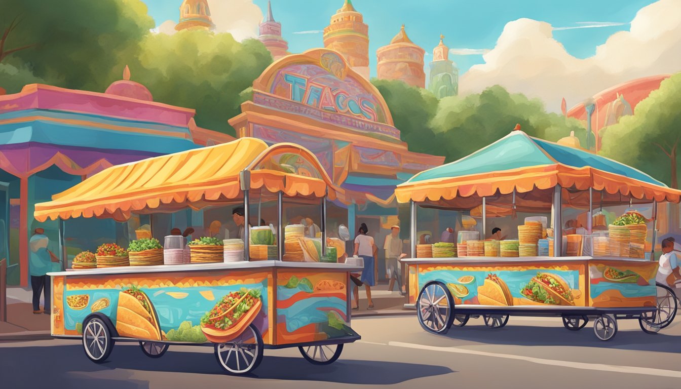 Colorful taco carts line the bustling amusement park streets, offering a variety of taco fillings influenced by California's diverse cultural flavors