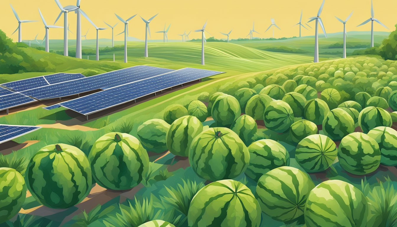 Vibrant watermelon fields surrounded by wind turbines and solar panels at the Texas Watermelon Festival, showcasing environmental sustainability efforts