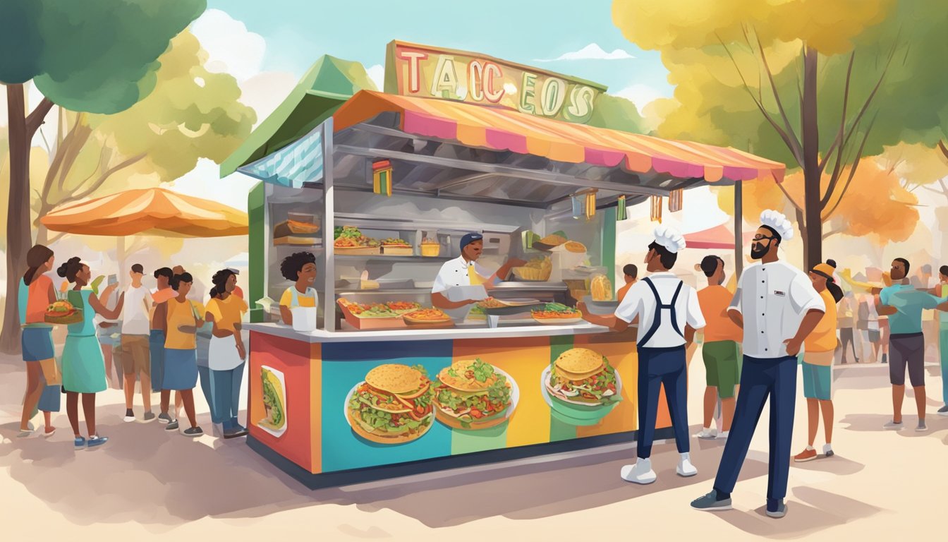 A colorful food stand with a chef creating tacos surrounded by excited park visitors