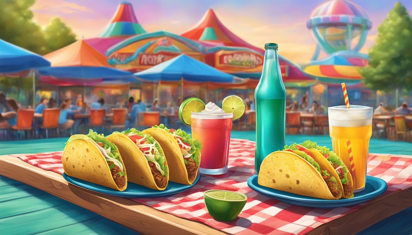 Tacos and drinks on a picnic table in a vibrant amusement park setting