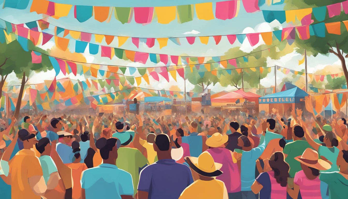 Colorful banners hang over a lively outdoor festival with live tejano conjunto music, food vendors, and enthusiastic crowds