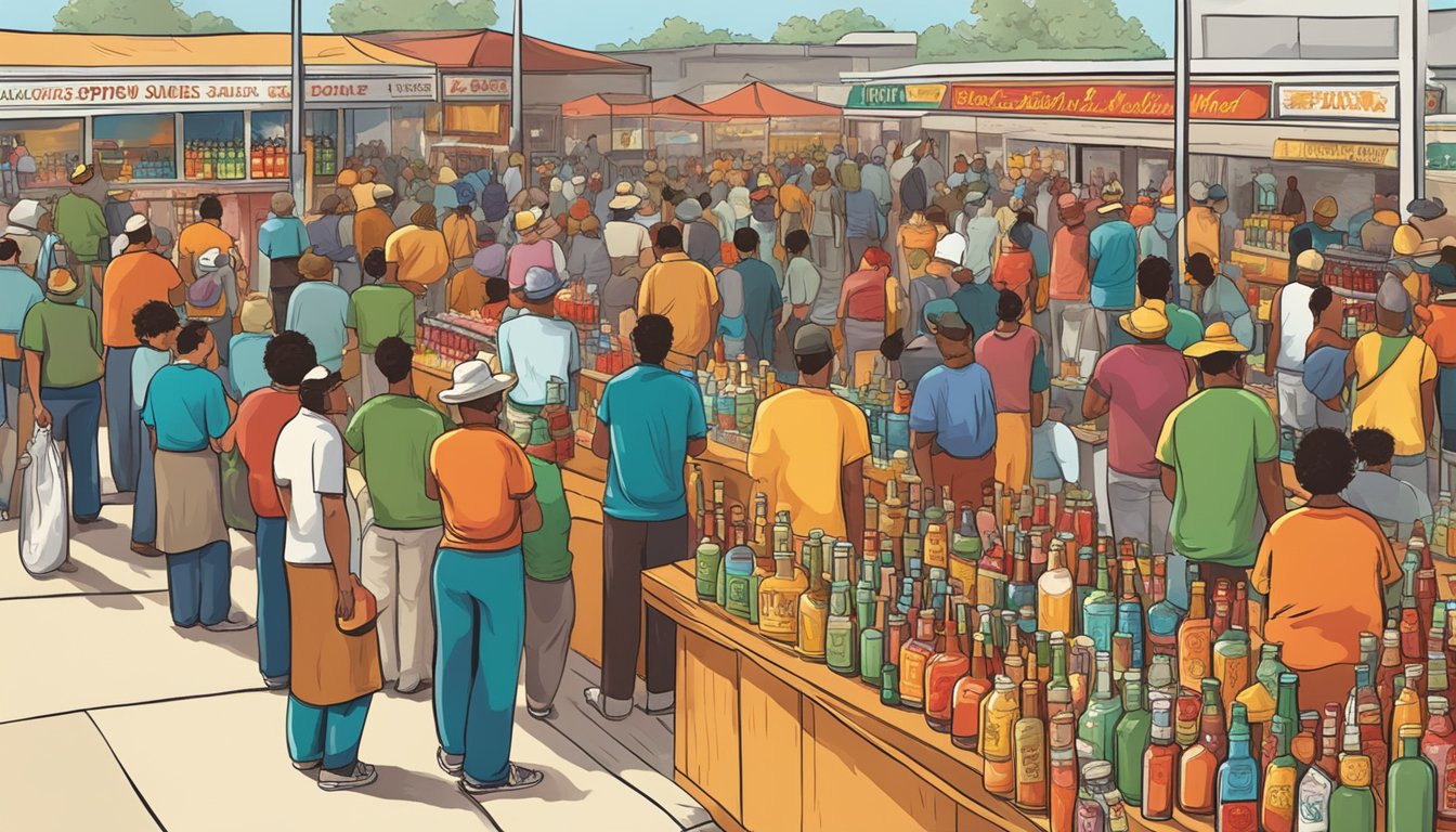 Crowds gather around booths, sampling and purchasing various hot sauces. Vendors display colorful bottles and jars, while the scent of spicy flavors fills the air