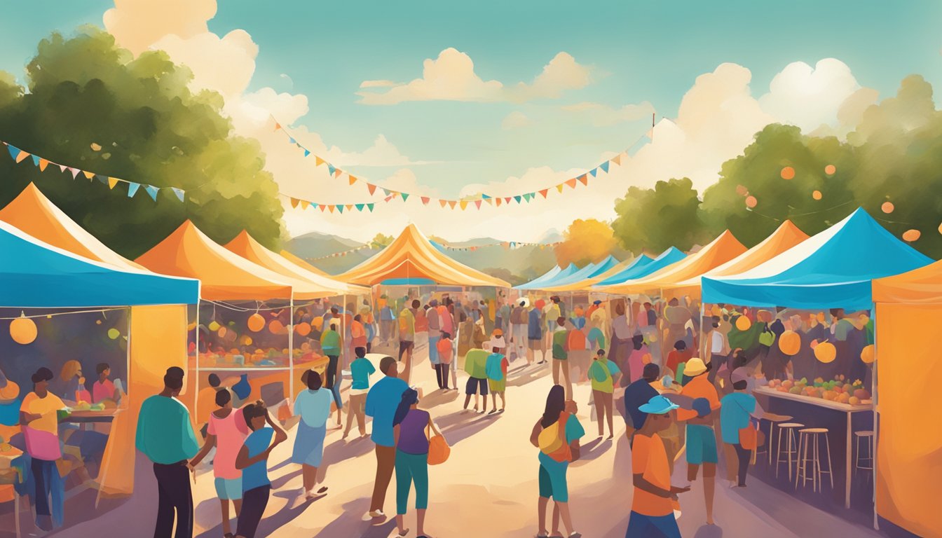 Vibrant festival scene with colorful tents, live music, and people enjoying the sweet aroma of Texas cantaloupes