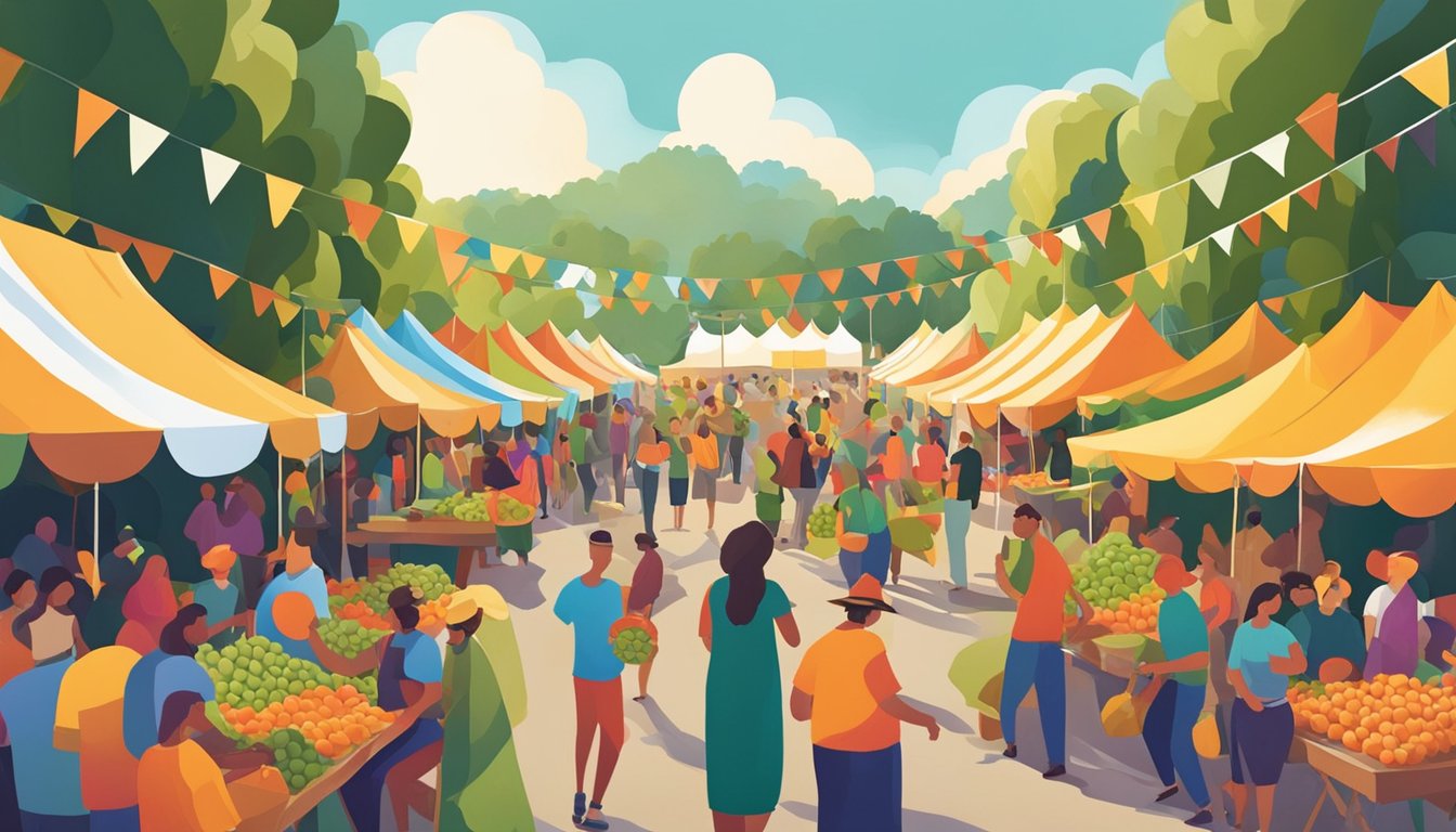 A vibrant festival scene with colorful tents, live music, and people enjoying freshly harvested cantaloupes