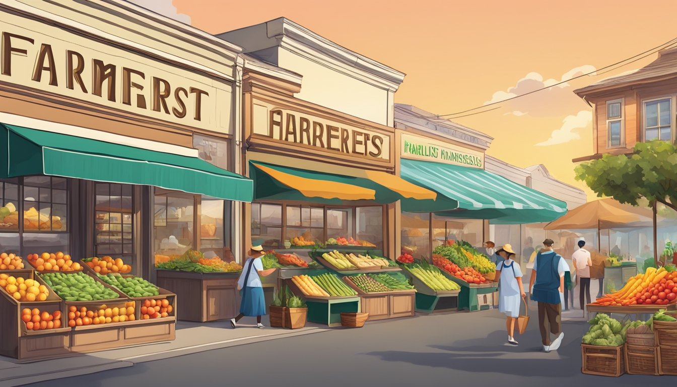 Vibrant farmers market with colorful produce and authentic ingredients displayed in a quaint California town