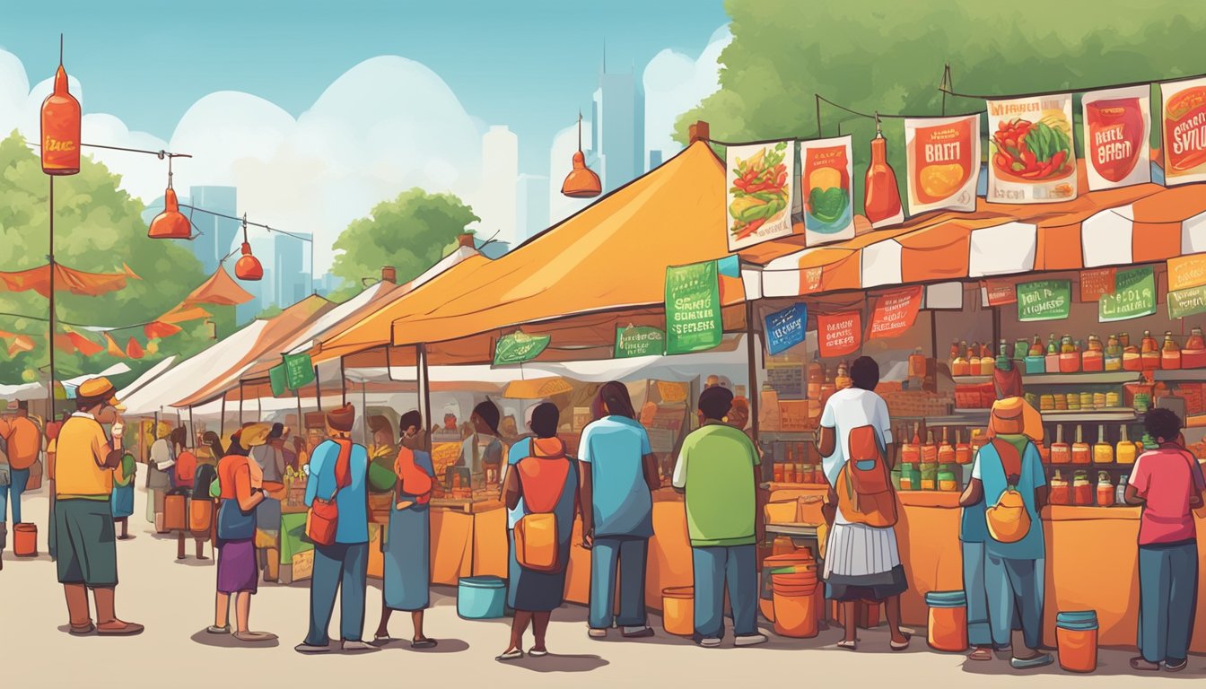 Crowds gather around booths, sampling and purchasing various hot sauce bottles. Vendors display colorful banners and signs, while the scent of spicy peppers fills the air