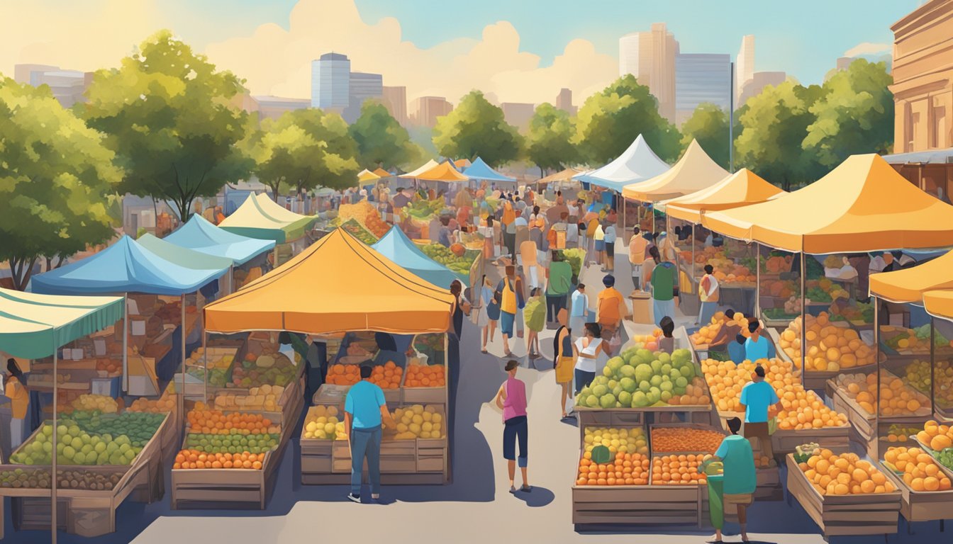 Vibrant market stalls display ripe cantaloupes at the Texas festival. A lively crowd enjoys music and food under the sunny sky