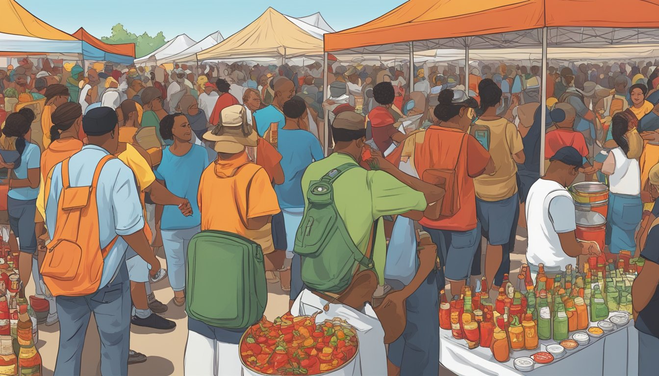 Crowds gather around vendor booths, sampling and purchasing various hot sauces. The air is filled with the sounds of chatter and the spicy aroma of the festival