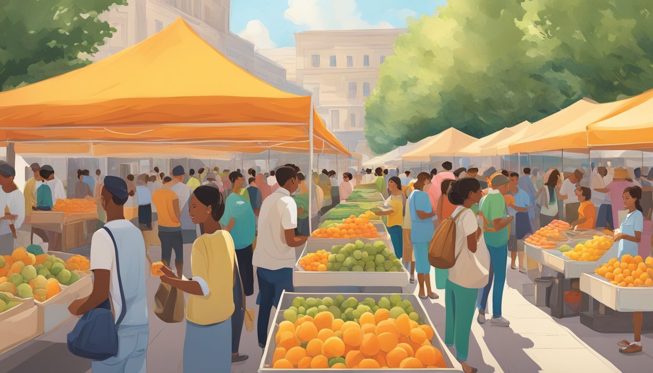 Crowds gather around colorful booths, filled with ripe cantaloupes. The air is filled with the sweet aroma of the fruit as people sample and buy