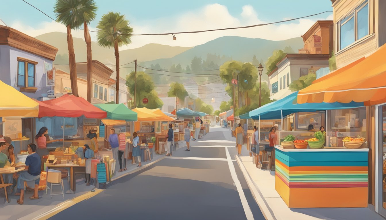 A bustling street lined with colorful food trucks and small restaurants, serving up a variety of gourmet tacos in California's charming boutique towns