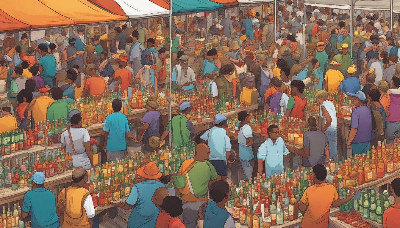 Crowds gather around booths, sampling and purchasing various hot sauces. Vendors display colorful bottles and signs, while the scent of spicy peppers fills the air