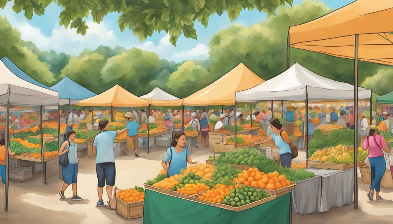 A bustling Texas cantaloupe festival with colorful displays and vendors showcasing various cantaloupe varieties. The air is filled with the sweet aroma of ripe fruit