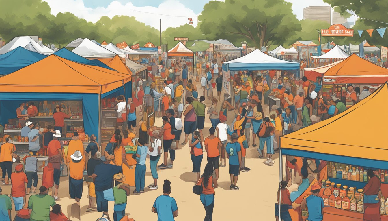 Crowds gather around vendor booths at the Austin Chronicle Hot Sauce Festival. Tents and banners display various hot sauce brands. A stage hosts live music and contests