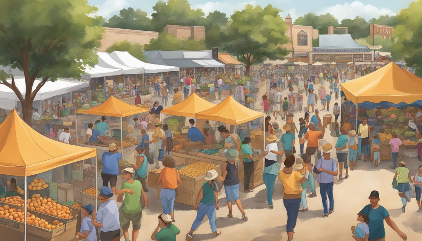 A bustling Texas cantaloupe festival with vendors, live music, and families enjoying the community event