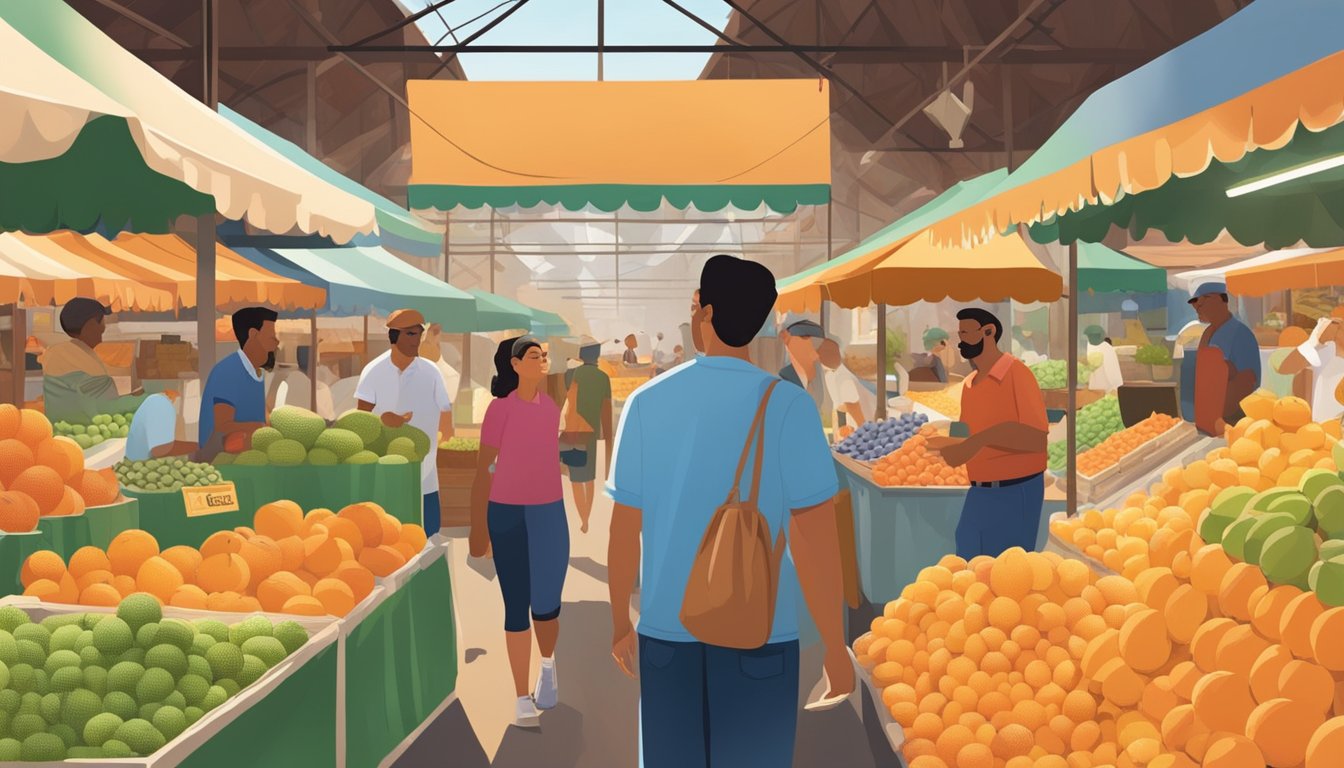 A bustling market filled with colorful displays of ripe Texas cantaloupes, vendors chatting with customers, and the sweet aroma of fresh fruit in the air