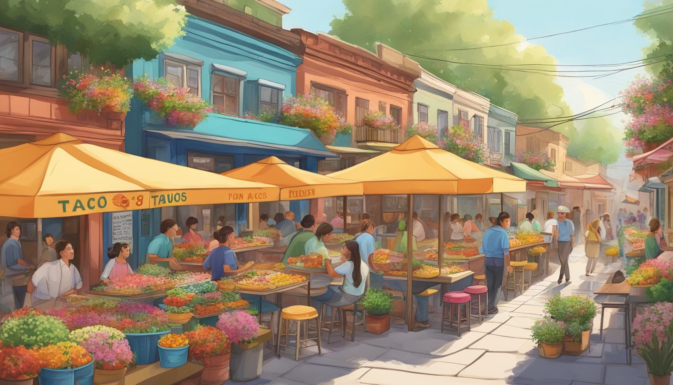 A quaint street lined with colorful taco stands, surrounded by blooming flowers and bustling with customers