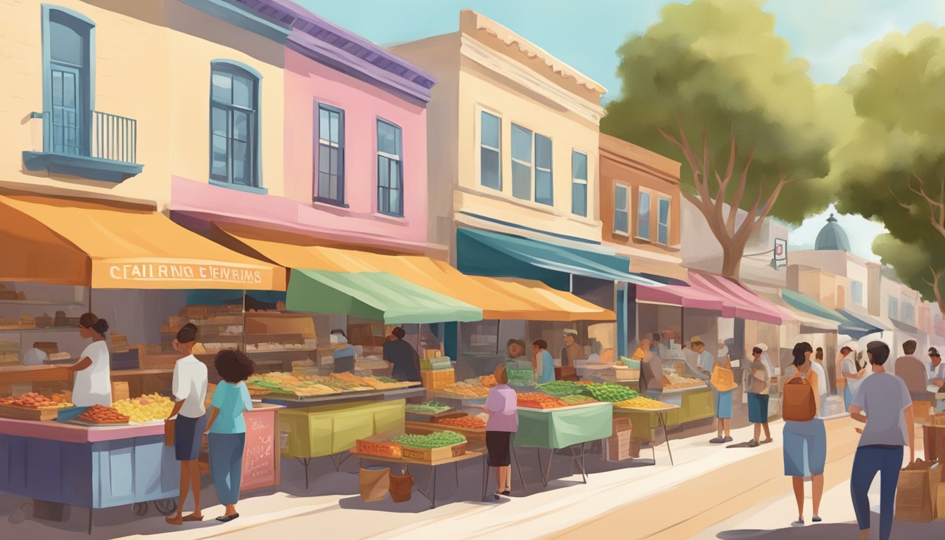 A bustling street market with colorful taco stands and local beverage vendors, surrounded by quaint boutique shops in a charming California town