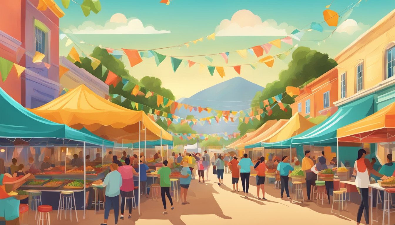 A vibrant outdoor taco festival with colorful food stalls and lively music in a charming California town